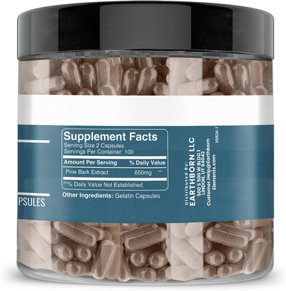 Earthborn Elements Pine Bark Extract, 200 Capsules, Pure and Undiluted, No Additives