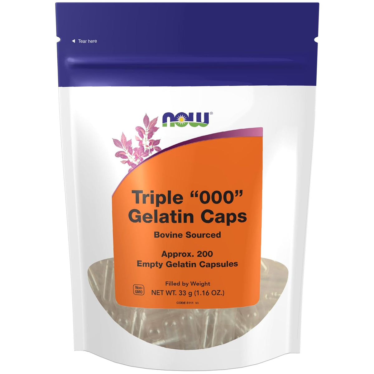 NOW Supplements Empty Gelatin Capsules, Triple 000, Bovine Sourced (200 Capsules) - görsel 1