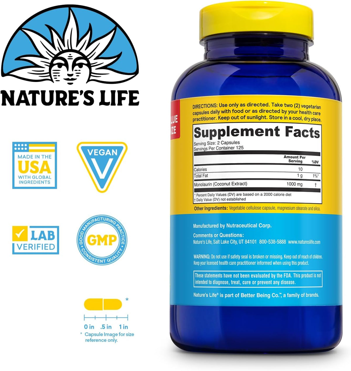 Nature's Life Monolaurin 1000 mg, 250 Vegetarian Capsules - görsel 2