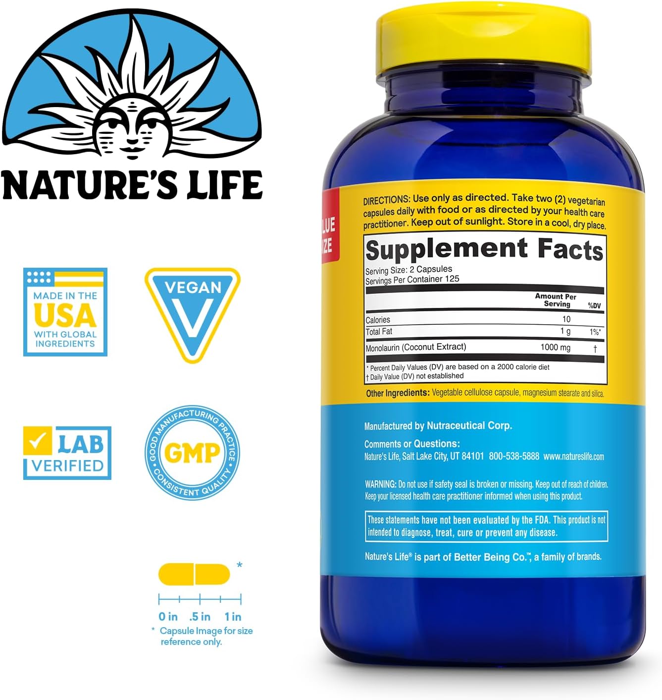 Nature's Life Monolaurin 1000 mg, 250 Vegetarian Capsules - görsel 2