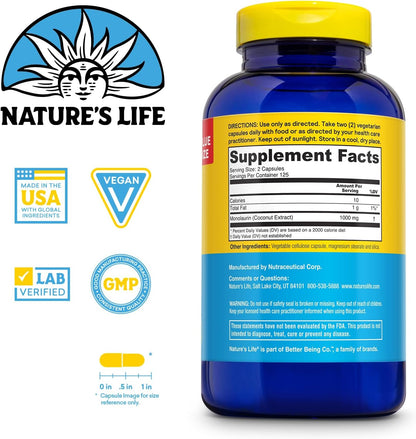 Nature's Life Monolaurin 1000 mg, 250 Vegetarian Capsules