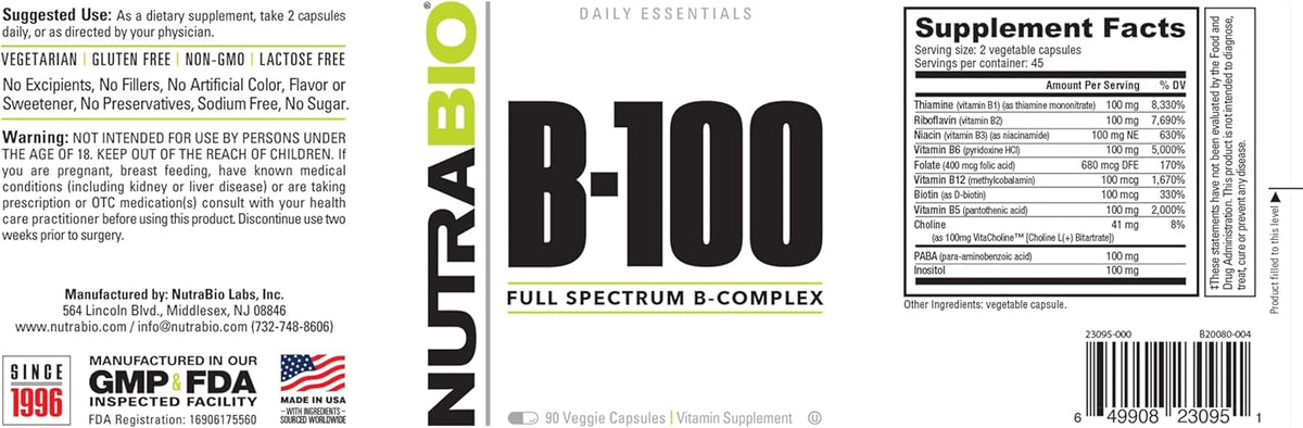 NutraBio B-100, B Vitamin Complex, Immune System Support, Healthy Hair, Skin and Nails, 90 Vegetable Capsules - görsel 7