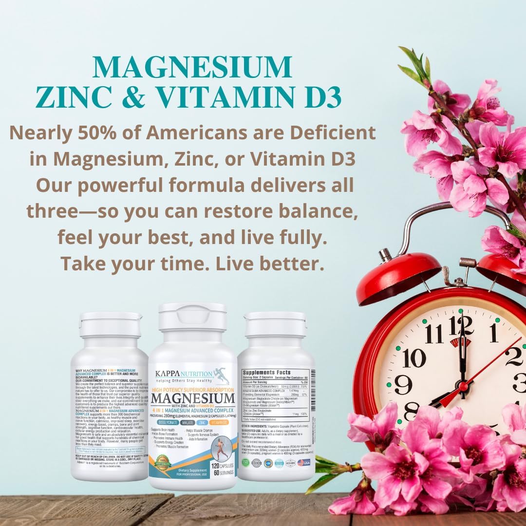 Kappa Nutrition Magnesium 4-in-1 – 280mg Elemental Magnesium (Bisglycinate & Malate) + Zinc & Vitamin D3 – 120 Vegan Capsules - görsel 3