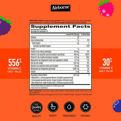 Airborne 500mg Vitamin C + Zinc Immune Support Gummies for Kids, Assorted Fruit Flavours, Gluten-free, 42 Gummies (6 Pack)
