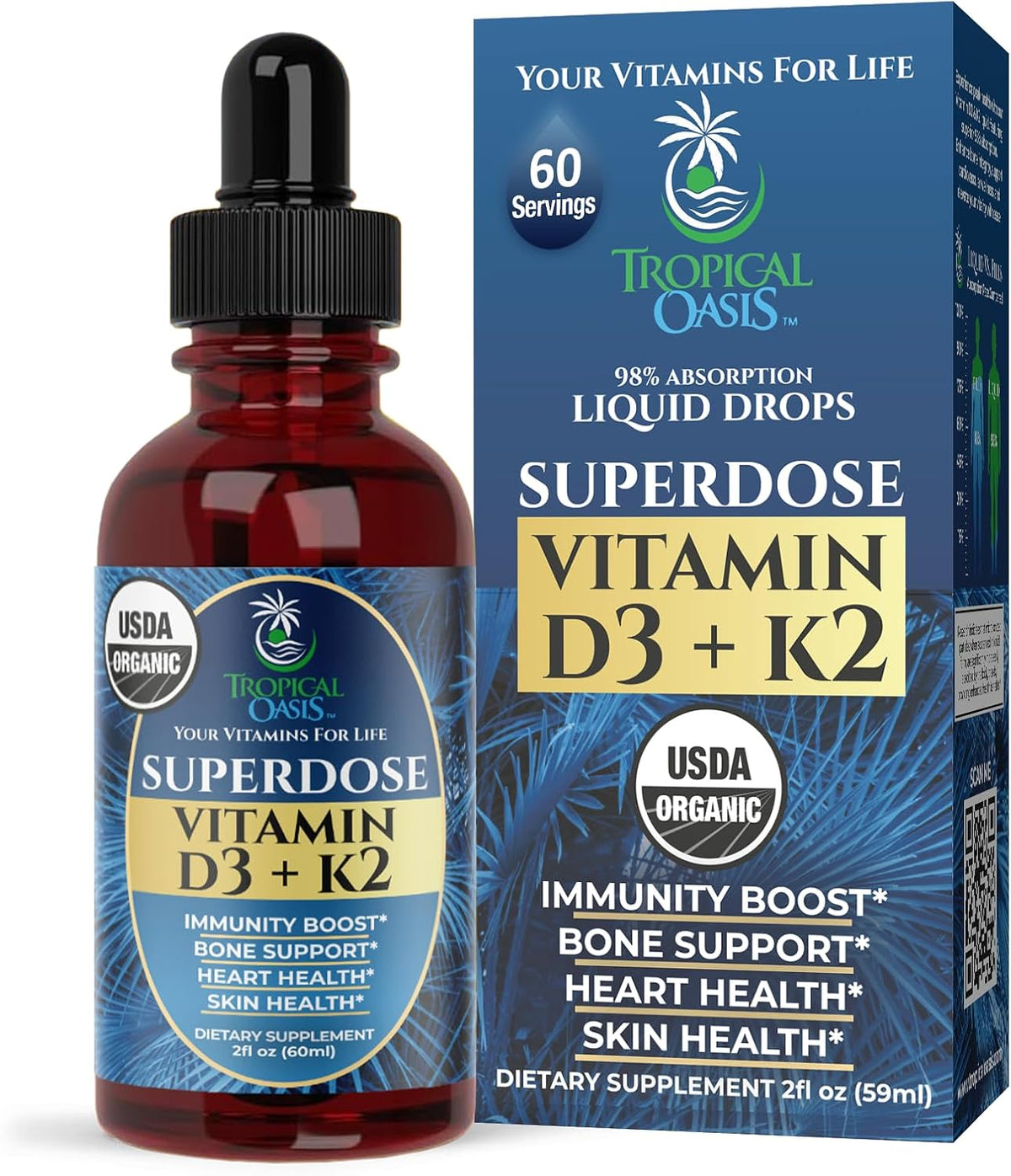 USDA Organic Liquid Vitamin D3 & K2 Drops – Superdose 8,000 IU with 120 mcg K2 – Vegan, Non-GMO – 60 ml - görsel 1