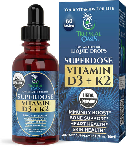 USDA Organic Liquid Vitamin D3 & K2 Drops – Superdose 8,000 IU with 120 mcg K2 – Vegan, Non-GMO – 60 ml