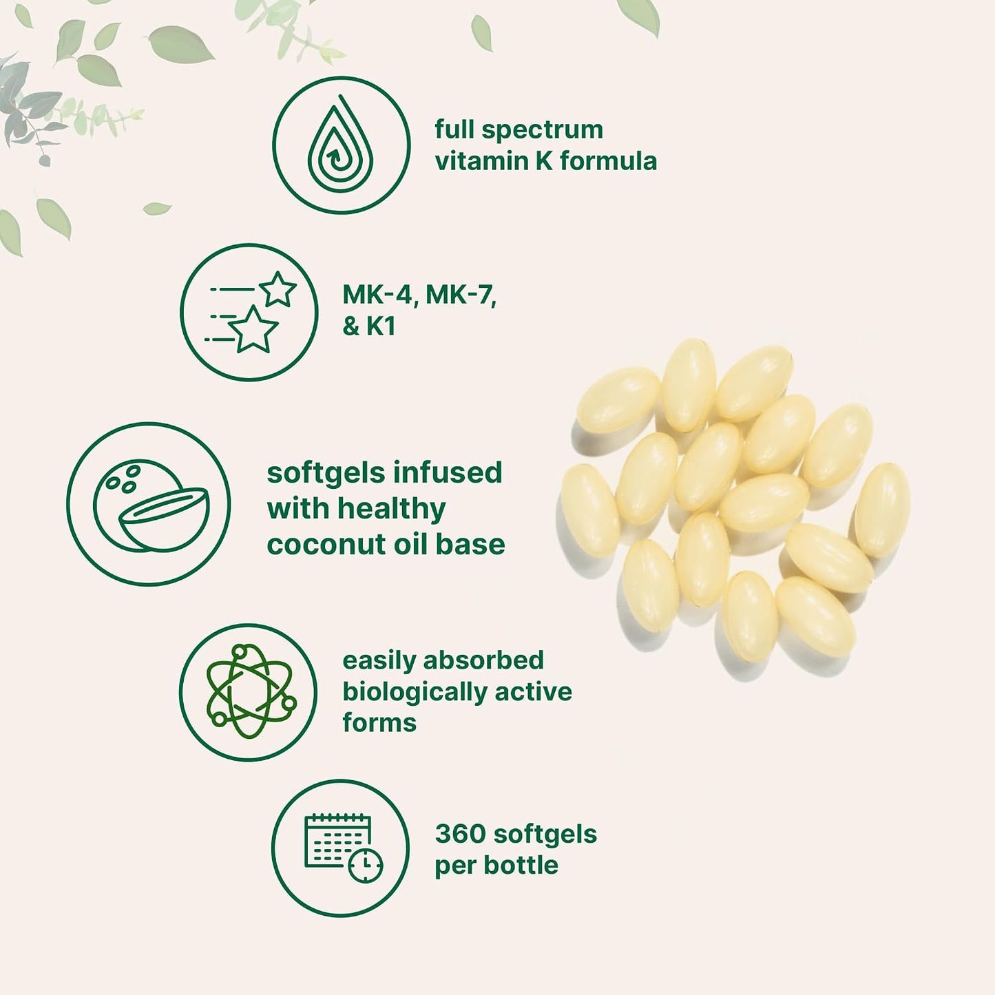 Super Vitamin K Complex (K2 MK7 + MK4 & K1), 360 Coconut Oil Softgels | Easily Absorbed K Vitamins, Active Menaquinone Complex | Non-GMO - görsel 3