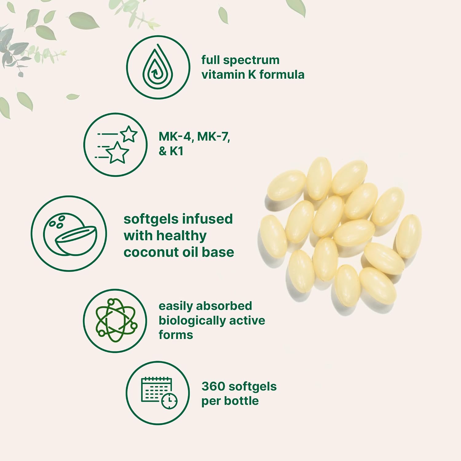 Super Vitamin K Complex (K2 MK7 + MK4 & K1), 360 Coconut Oil Softgels | Easily Absorbed K Vitamins, Active Menaquinone Complex | Non-GMO - görsel 3