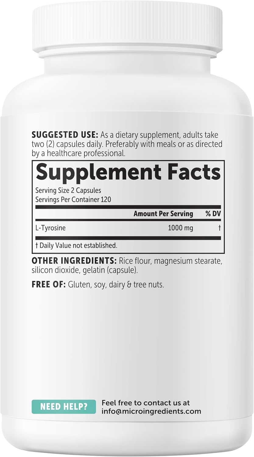 Micro Ingredients L-Tyrosine 1,000 mg, 240 Capsules – Amino Acid Supplement, Non-GM - görsel 8