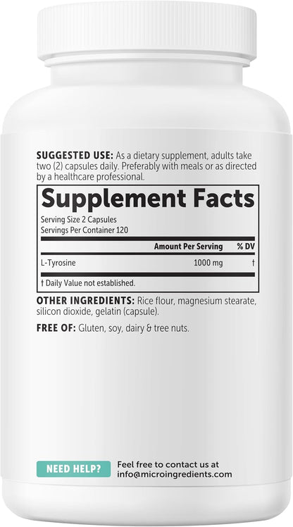 Micro Ingredients L-Tyrosine 1,000 mg, 240 Capsules – Amino Acid Supplement, Non-GM