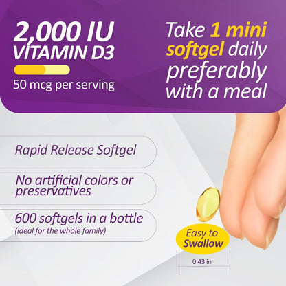 Prati Donaduzzi Vitamin D3 2,000 IU (50 mcg) Soft gel capsules 600 Day Supply