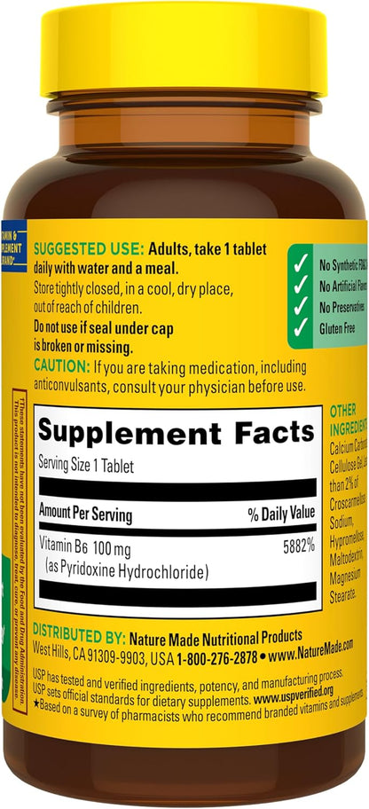 Nature Made Vitamin B6 100mg Tablets - Energy Metabolism Support - 100 Tablets
