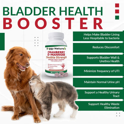 Cranberry D-Mannose for Dogs and Cats – Double Strength Chewable Tablets, 60 Count