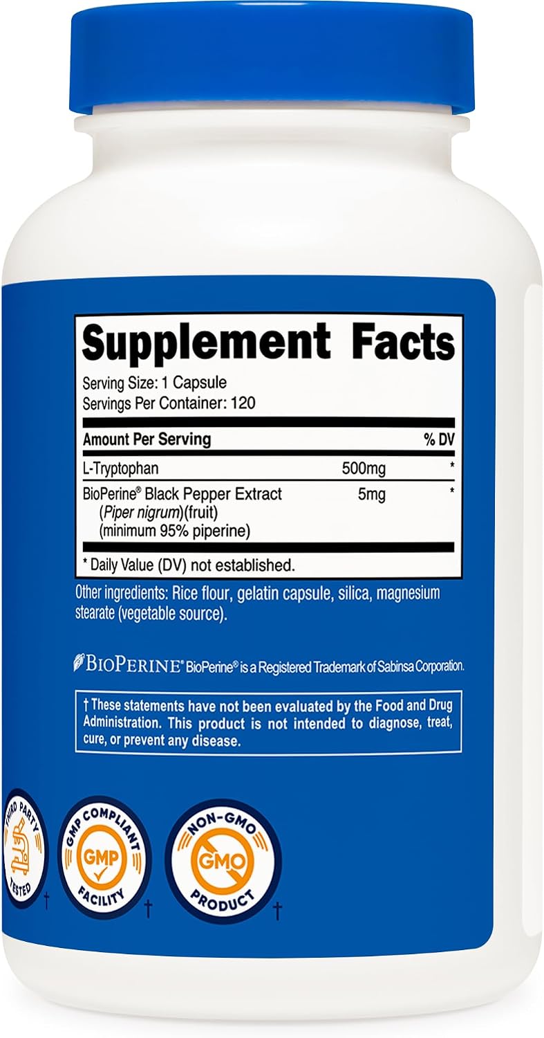 Nutricost L-Tryptophan 500mg, 120 Capsules - with BioPerine, Gluten-Free, Non-GMO - görsel 5