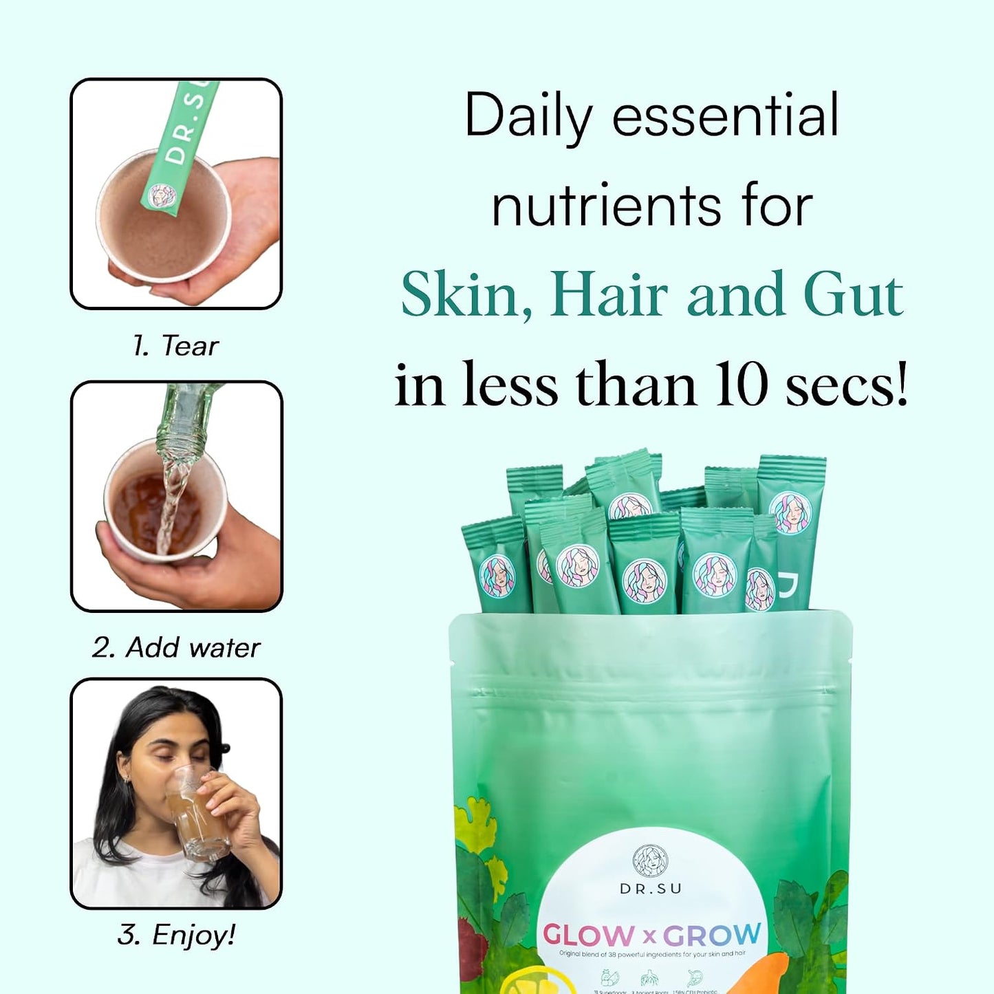 Dr. Su Glow x Grow 6-in-1 Supplement Powder – Sugar-Free 30 Sachets with Vitamins, Minerals, Probiotics, Fibre, Antioxidants & Adaptogens - görsel 3