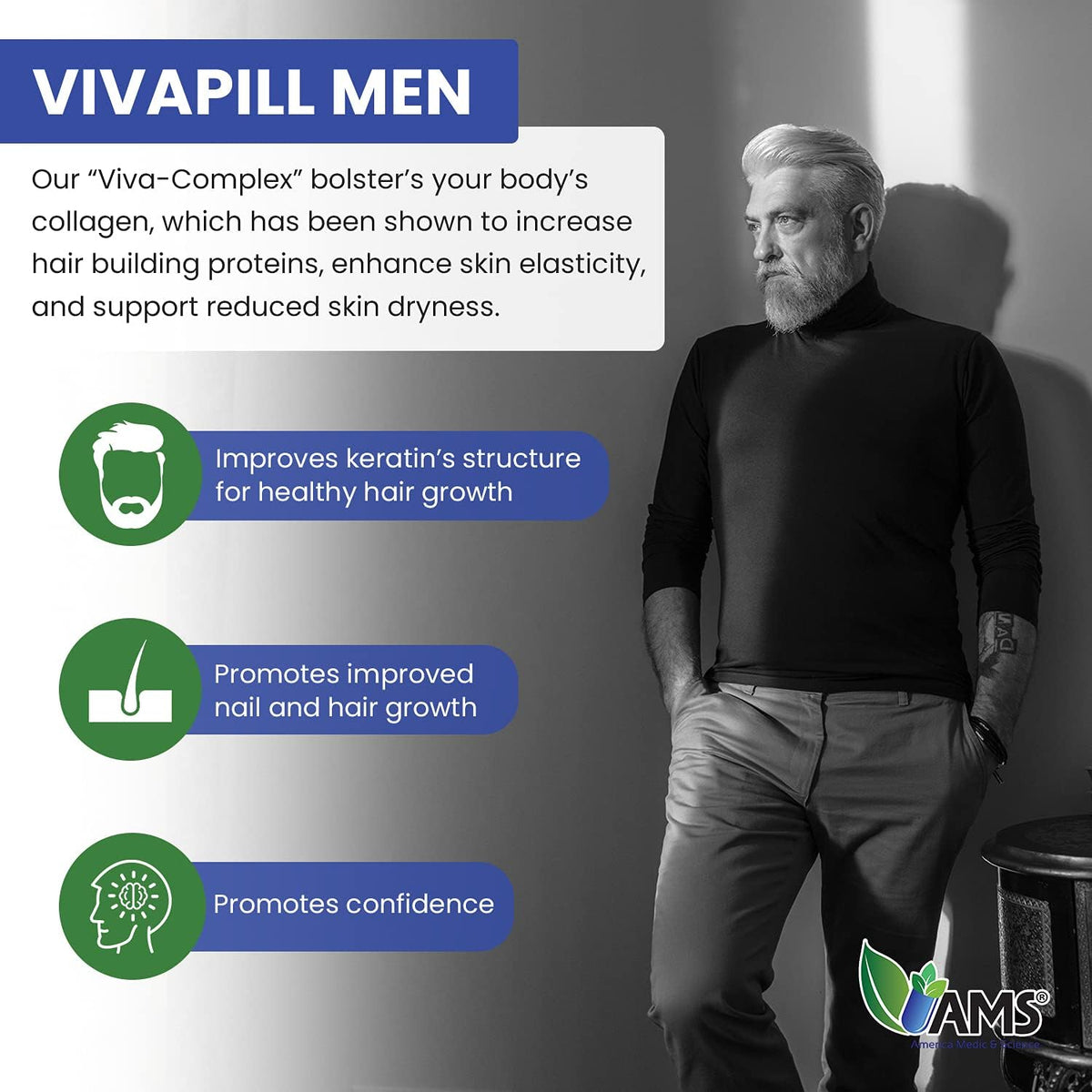 America Medic & Science VivaPill for Men – Hair, Skin & Nails Food Supplement with Biotin, Collagen & Keratin (120 Capsules) - görsel 4