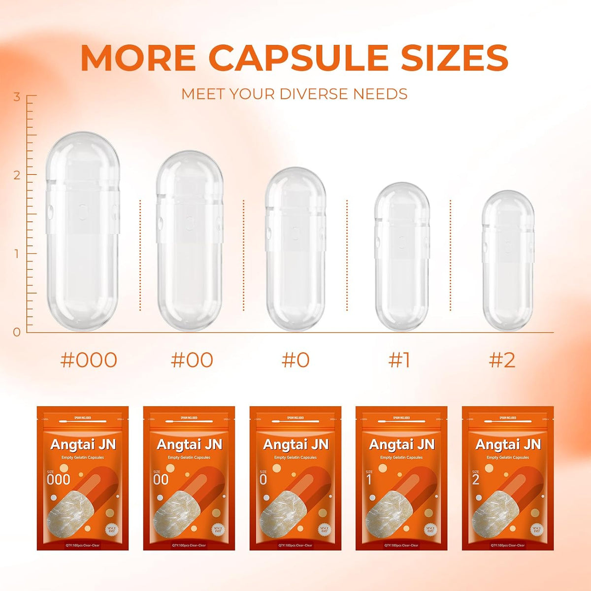 Angtai JN Gelatine Capsules Size 00 Empty Pill Capsules - 100 Count - Clear Bovine, Gluten-free, Non-GMO, Halal Certified - with 2 Filling Spoons - görsel 6