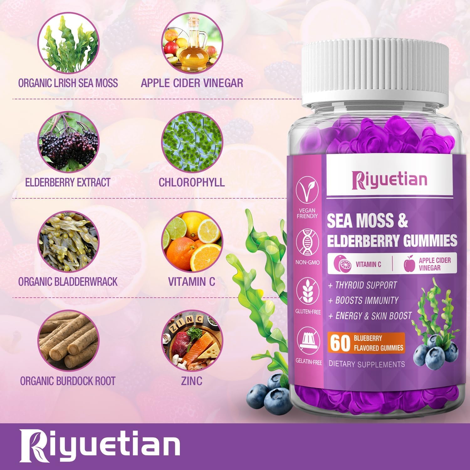 Sea Moss & Elderberry Gummies with Vitamin C and Zinc – Immune & Thyroid Support, 60 Gummies - görsel 7