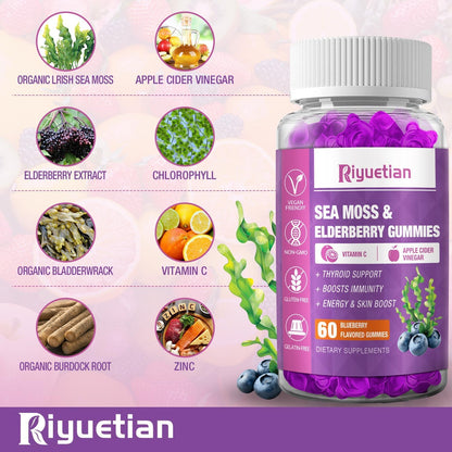 Sea Moss & Elderberry Gummies with Vitamin C and Zinc – Immune & Thyroid Support, 60 Gummies