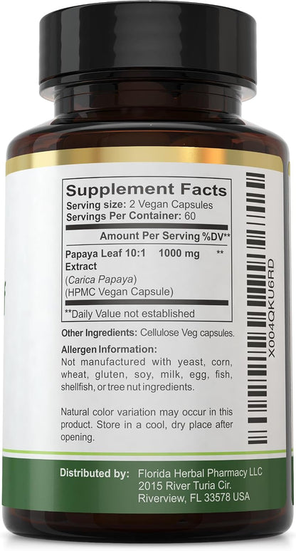 Papaya Leaf Extract Capsules 10:1 (120 Capsules) 500 mg per Capsule, 1000 mg Serving