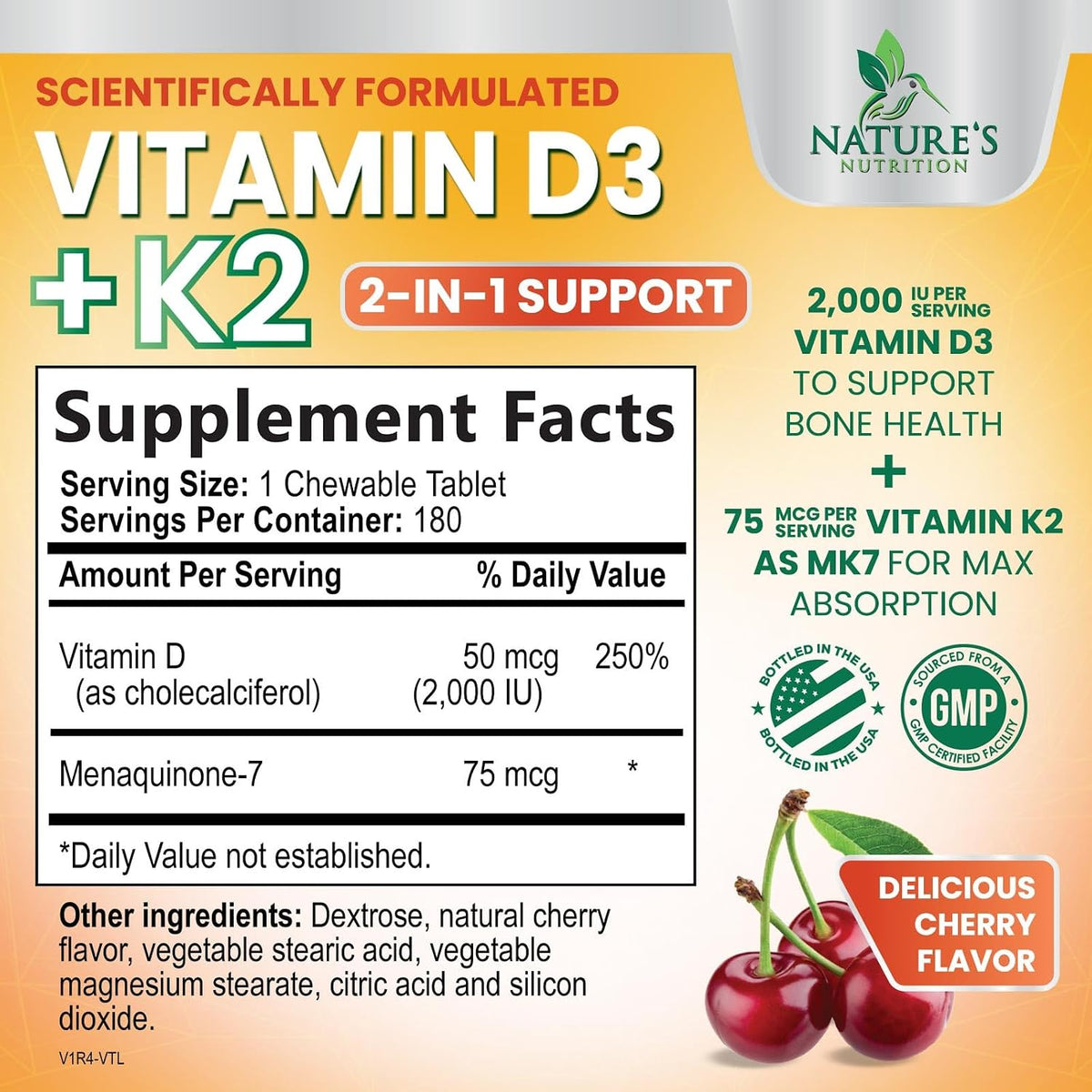 Nature's Nutrition Vitamin D3 K2 Supplement - 2000 IU D3 + 75 mcg MK-7 - Chewable, Berry Flavour - 180 Tablets - görsel 2