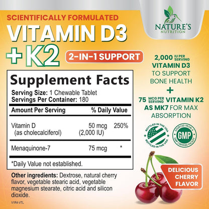 Nature's Nutrition Vitamin D3 K2 Supplement - 2000 IU D3 + 75 mcg MK-7 - Chewable, Berry Flavour - 180 Tablets