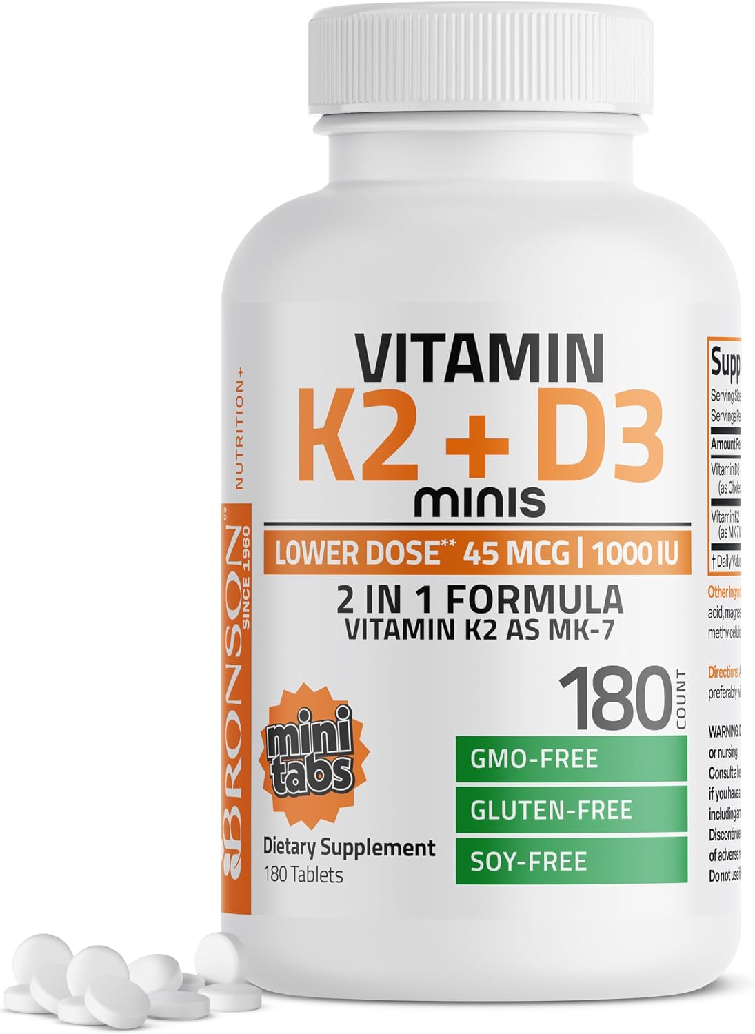 Bronson Vitamin K2 (MK-7) with D3 – 45 mcg K2 & 1000 IU D3 – 180 Mini Tablets - görsel 1