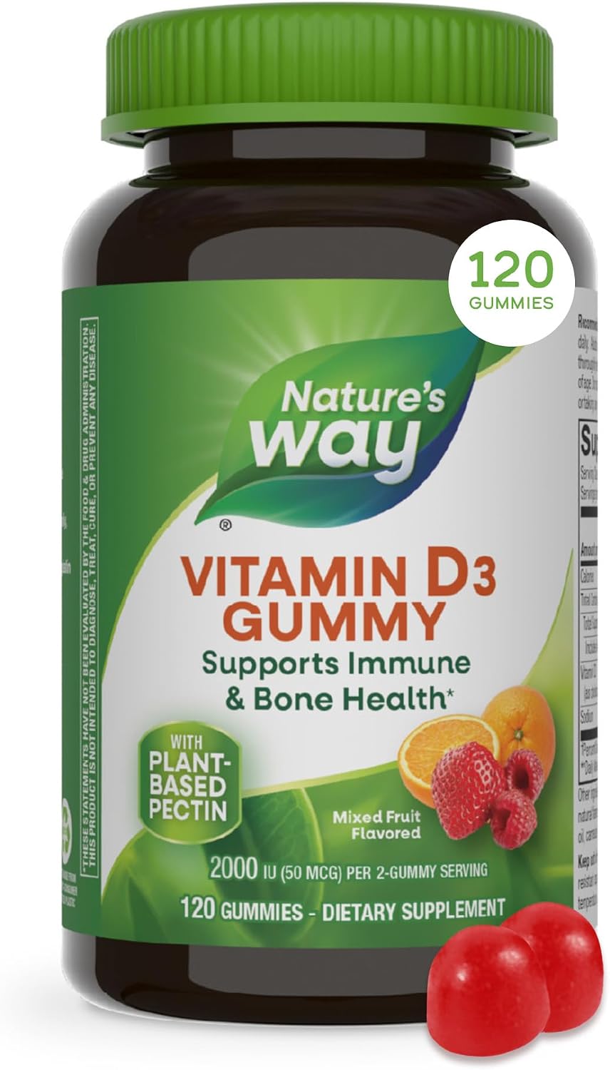 Nature's Way Vitamin D3 Gummies, Supports Normal Immune Function and Maintenance of Normal Bones*, 2000 IU (50 µg) per 2-Gummy Serving, Mixed Fruit Flavour, Gluten-free, Plant-Based Pectin, Vegetarian, 120 Count - görsel 1