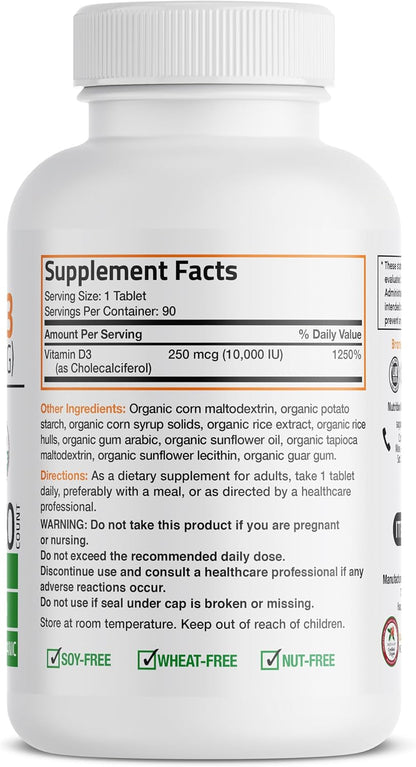 Bronson Vitamin D3 10,000 IU - Organic Non-GM Supplement for Immune & Bone Health, 90 Tablets
