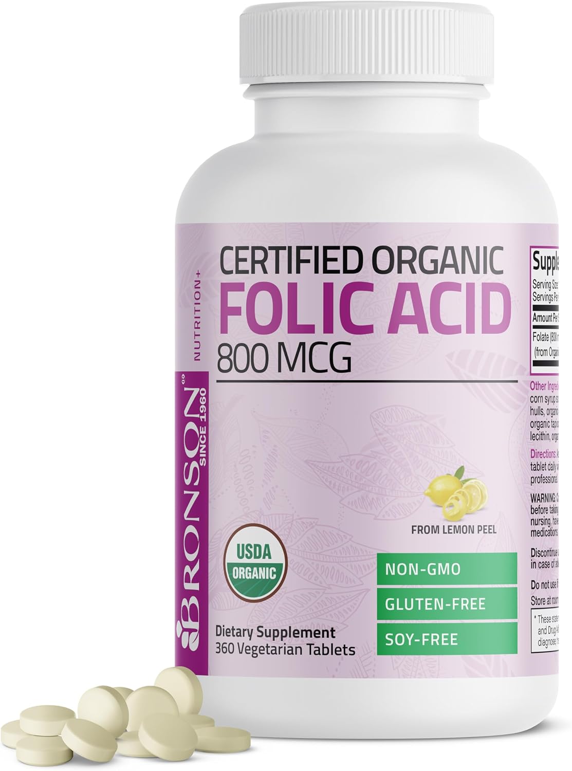 Bronson Organic Folic Acid (Vitamin B9 Folate) 800 mcg Folate from Lemon Peel, 180 Tablets - görsel 7