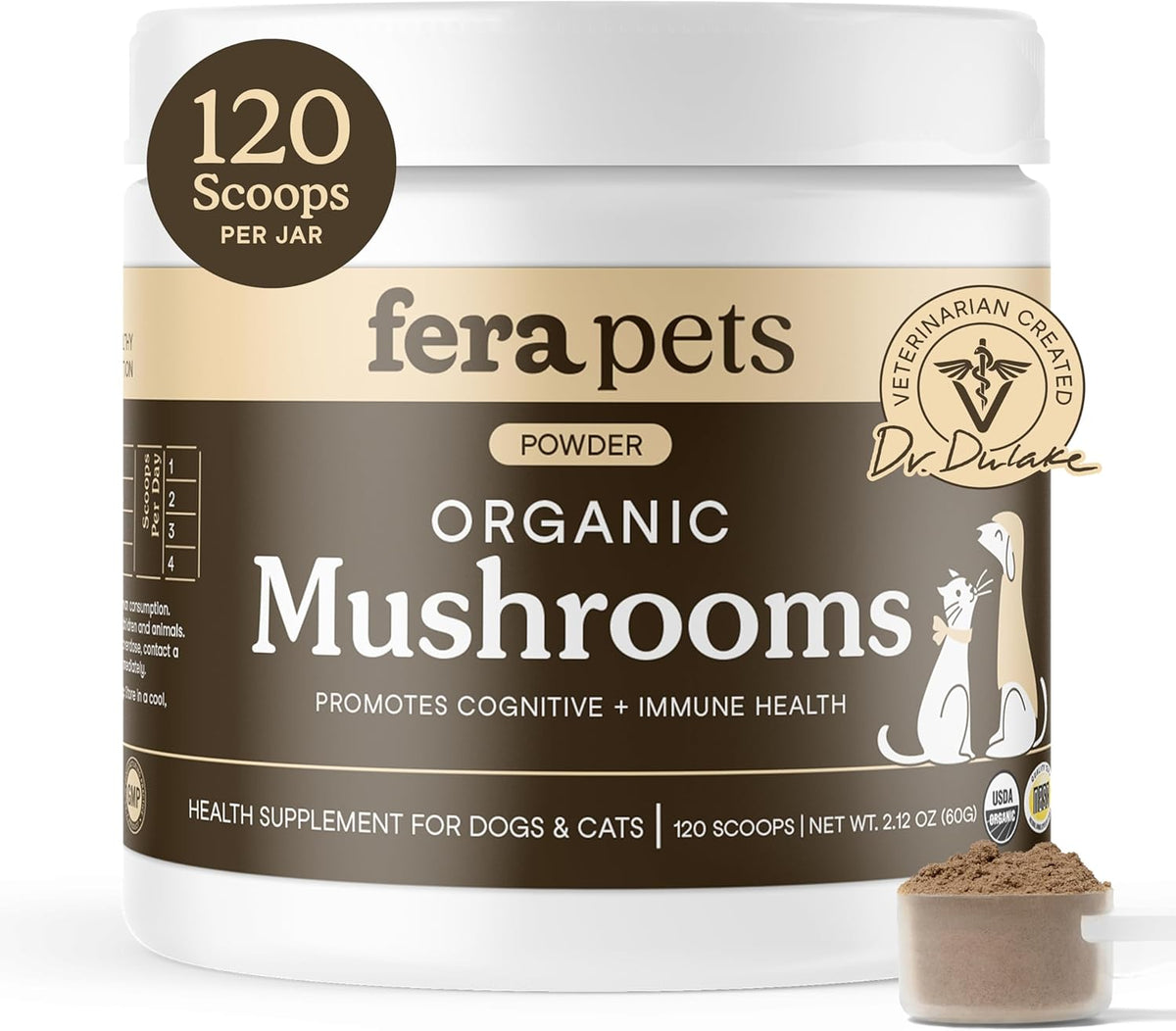 Fera Pets Organic Mushroom Supplement for Dogs & Cats – 10-Mushroom Blend, 120 Scoops - görsel 1