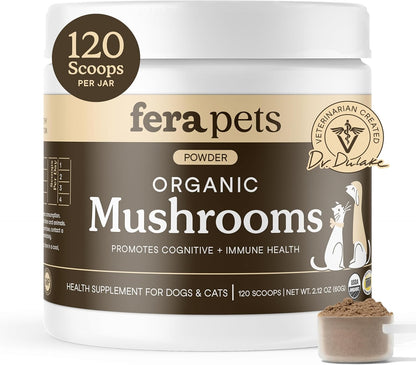 Fera Pets Organic Mushroom Supplement for Dogs & Cats – 10-Mushroom Blend, 120 Scoops