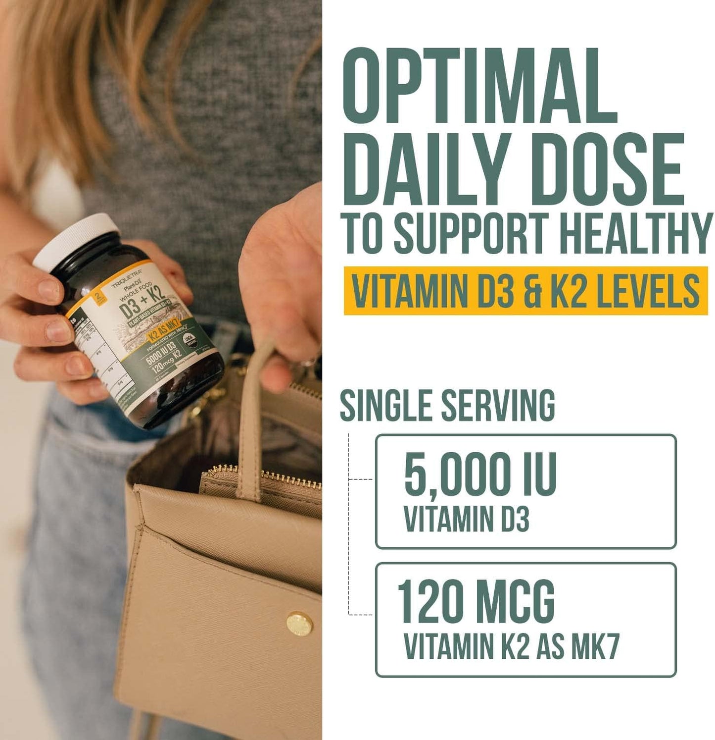 Organic Plant D3 + K2 | 5000 IU Vitamin D3 + 120 mcg Vitamin K2 (All-Trans MK7) – Vegan, Whole Food Supplement - görsel 3