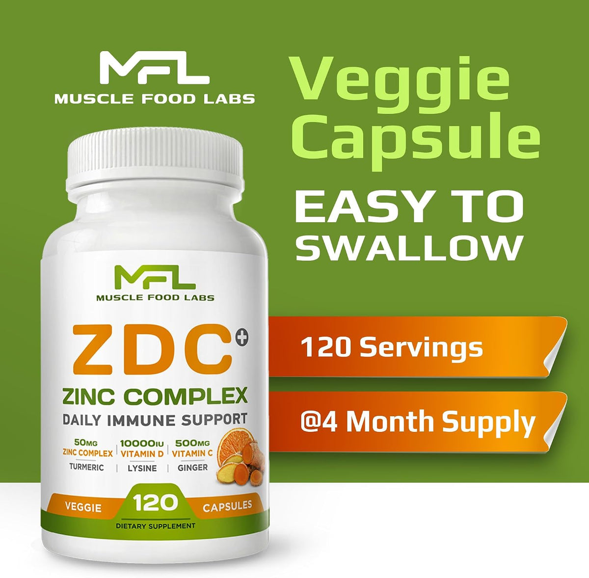 Z D C Plus – Vitamin C, D3, Zinc, Turmeric, Ginger, Lysine – 120 Vegetarian Capsules - görsel 6
