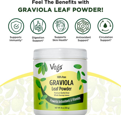Vegs Organic Graviola Soursop Leaf Powder - Single Origin, True Green, 227 g