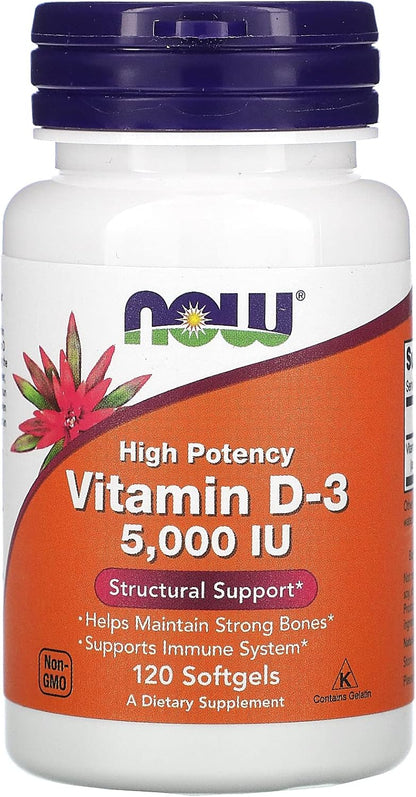 NOW Foods Now Supplements, Vitamin D-3 5,000 IU, High Potency, Structural Support*, 120 Softgels (3 Pack)