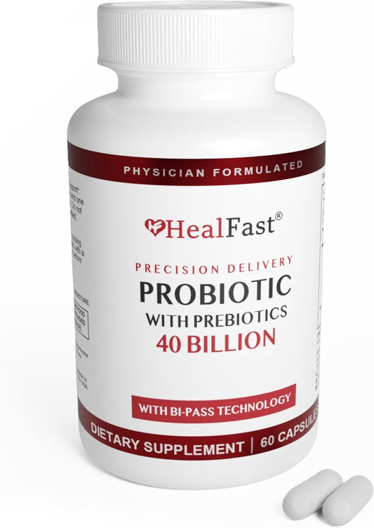 HealFast Doctor Formulated Probiotic Supplement - 40 Billion CFU - Prebiotics & Probiotics for Gut Health - Non-GM, Vegan - 30 Capsules