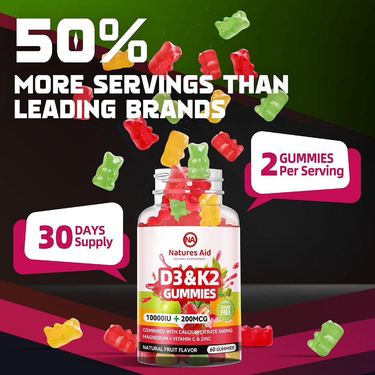 Natures Aid Sugar-Free Vitamin D3 K2 Gummies with Calcium, Magnesium, Vitamin C & Zinc, Extra Strength - 120 Gummies - görsel 6