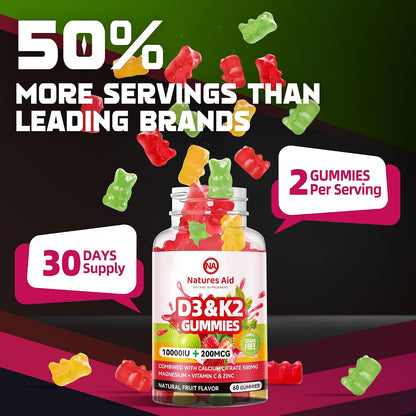 Natures Aid Sugar-Free Vitamin D3 K2 Gummies with Calcium, Magnesium, Vitamin C & Zinc, Extra Strength - 120 Gummies