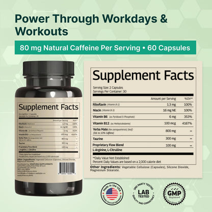 Yerba Mate 1400mg - Natural Caffeine & Energy Supplement with Taurine and Vitamin B Complex - 60 Capsules