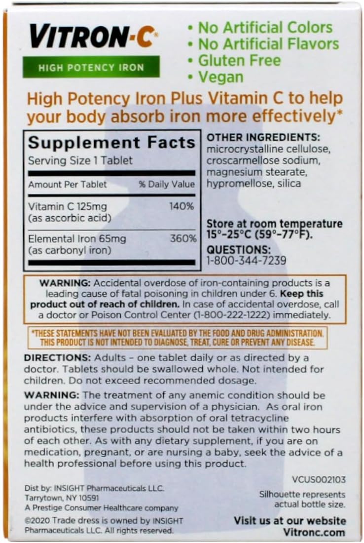 Vitron-C High Potency Iron Food Supplement with Vitamin C, 60 Coated Tablets, 65 mg Elemental Iron - görsel 3