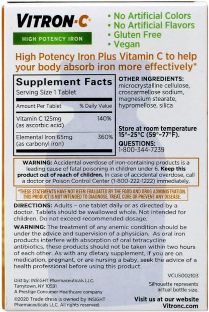 Vitron-C High Potency Iron Food Supplement with Vitamin C, 60 Coated Tablets, 65 mg Elemental Iron