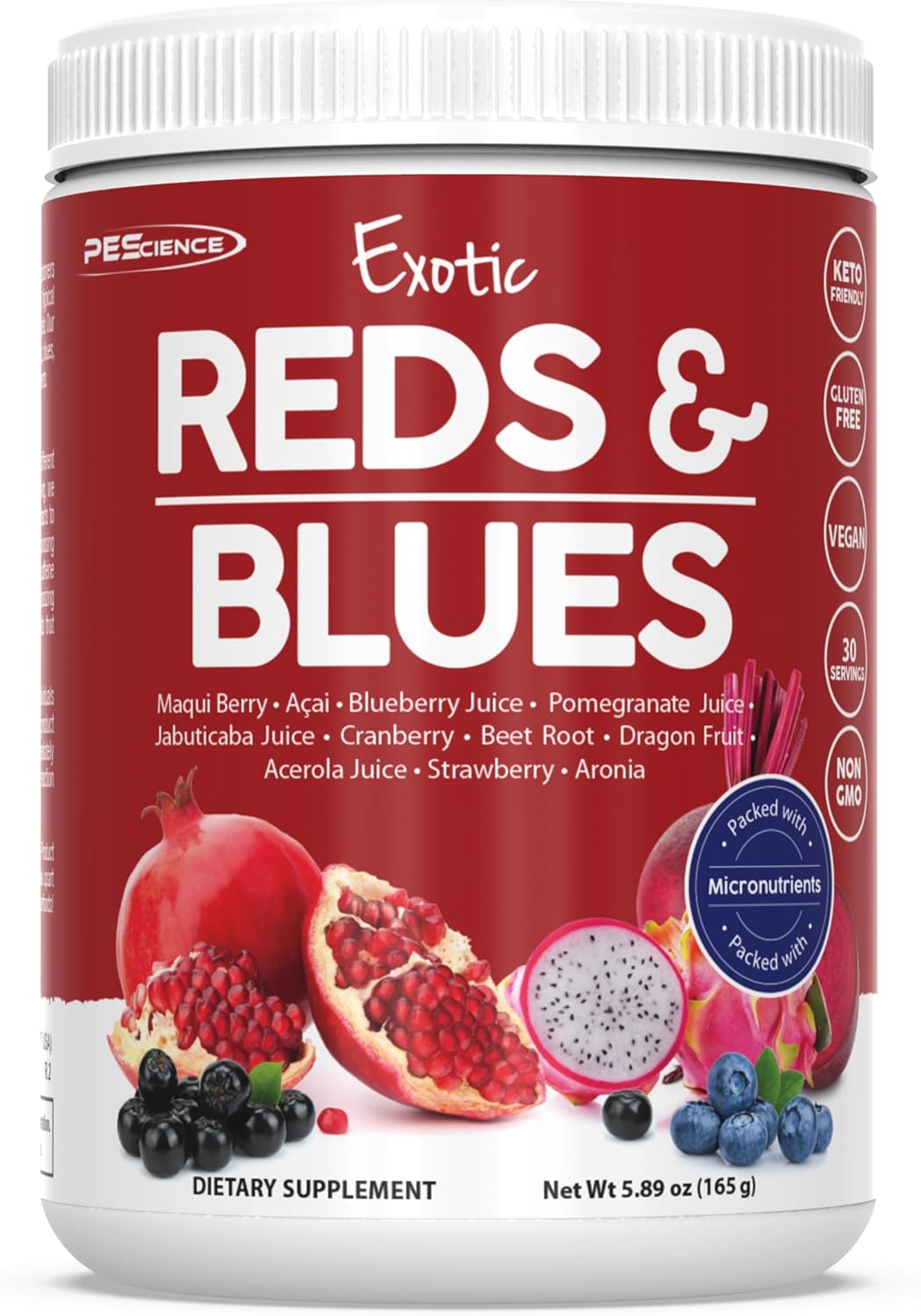 PEScience Exotic Reds & Blues, Red Superfoods Powder with Myo-Inositol, Beet Root Powder, Pomegranate and Acai Extract, Freeze-Dried Antioxidant Fruit Blend, 30 Servings - görsel 1