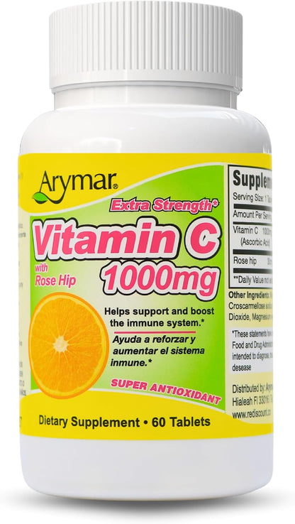 Arymar Vitamin C 1000 mg with Rosehip Extract 30 mg - High Strength Vitamin Supplement - 60 Tablets