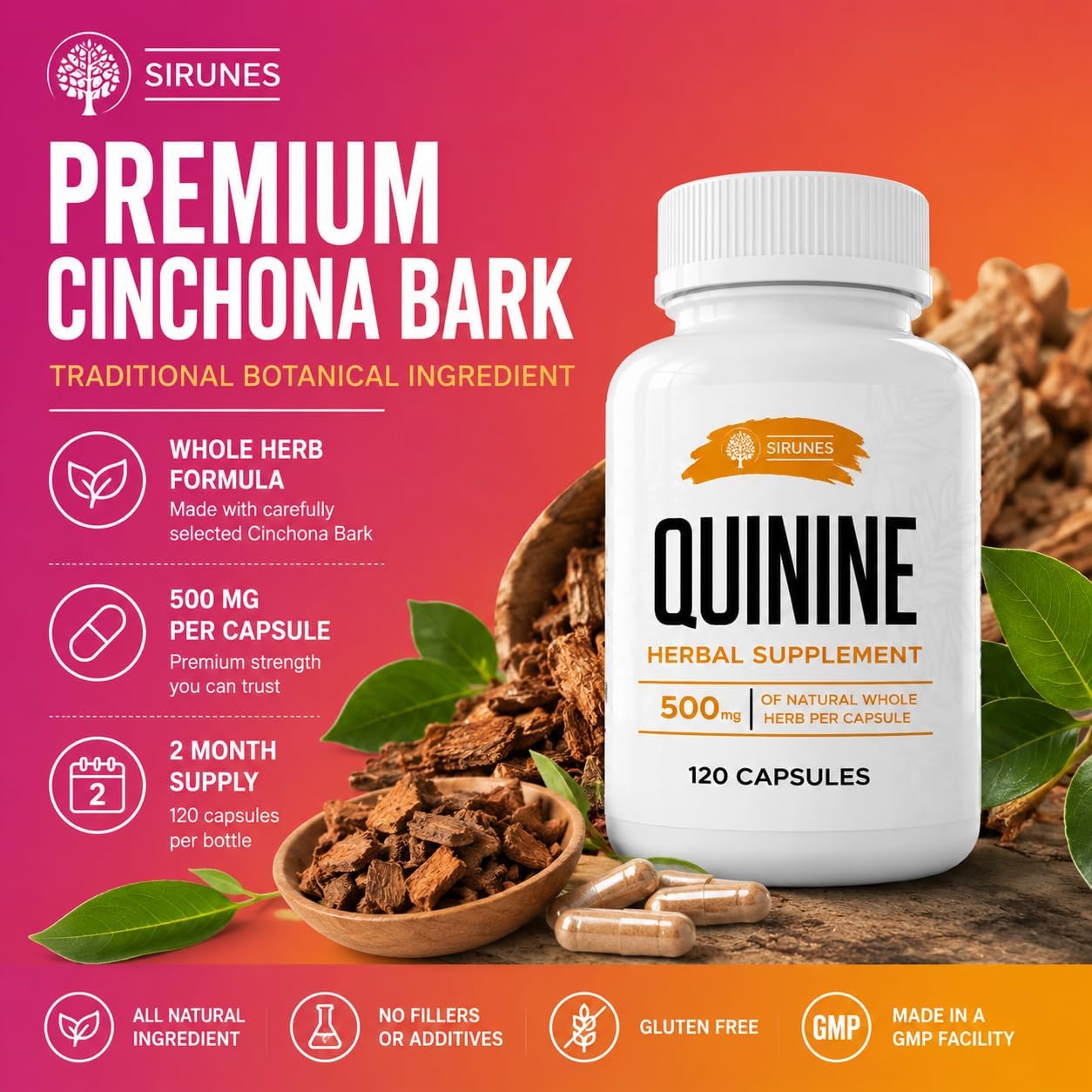 SIRUNES Cinchona Bark Quinine Capsules – Herbal Food Supplement for Muscle and Digestive Support – 500 mg, 120 Capsules - görsel 6