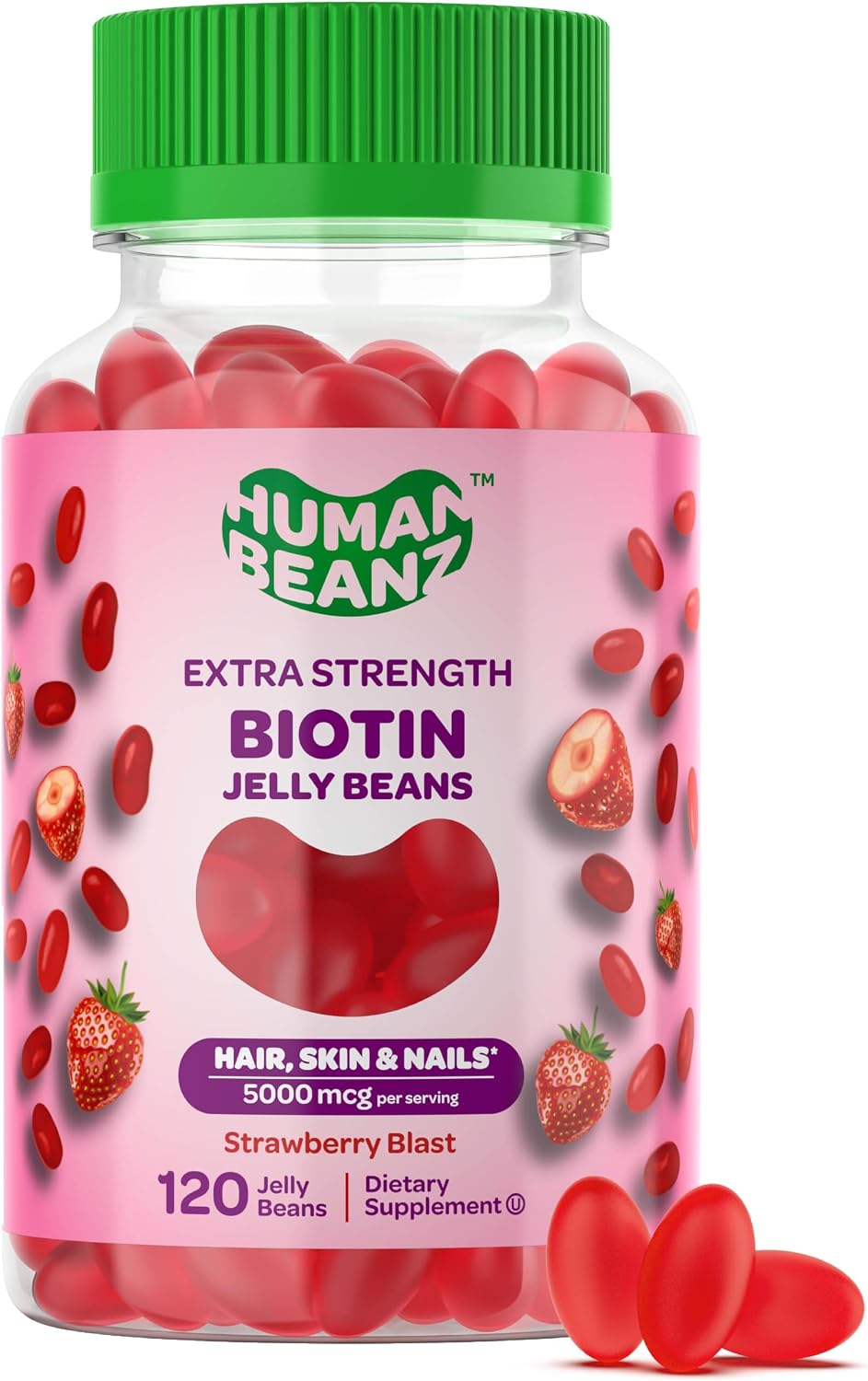 Human Beanz Biotin Jelly Bean Gummy Vitamins, Extra Strength 5000mcg for Hair, Skin & Nails, 120 Strawberry Blast Jelly Beans - görsel 1