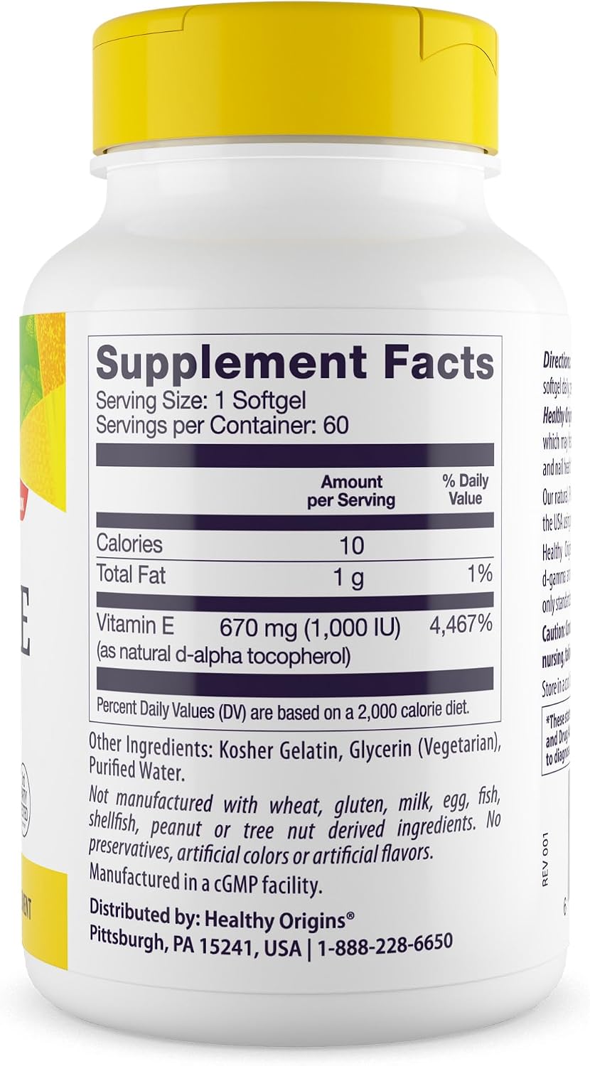 Healthy Origins Vitamin E 1000 IU (Natural) Mixed Tocopherols - 60 Softgels - görsel 2