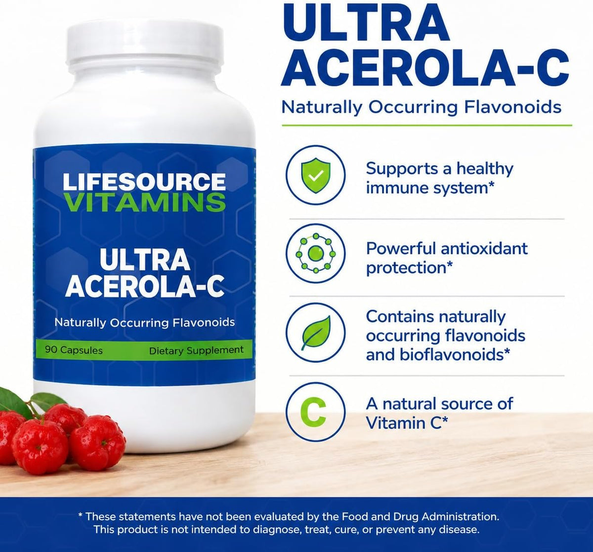 LifeSource Vitamins Ultra Acerola-C - Acerola Berry Powder 1500 mg - 90 Capsules - 500 mg Vitamin C per Serving - görsel 2