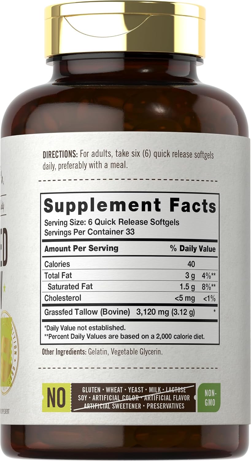 Carlyle Grass Fed Beef Tallow 3120mg | 200 Soft gel capsule Capsules | Pasture Raised Bovine Supplement | Non-GM, Gluten-free | by Herbage Farmstead - görsel 2