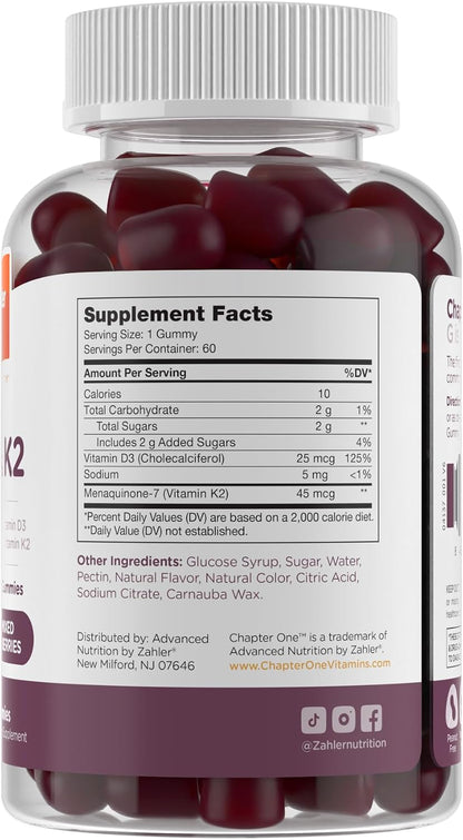 Zahler Chapter One Vitamin D3 & K2 Gummies – Immune & Bone Support – Cholecalciferol D3 & MK7 K2 – 60 Gummies